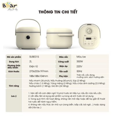 Nồi cơm điện thông minh Bear SUBE015 DFB-B20A1 (trắng ngà)